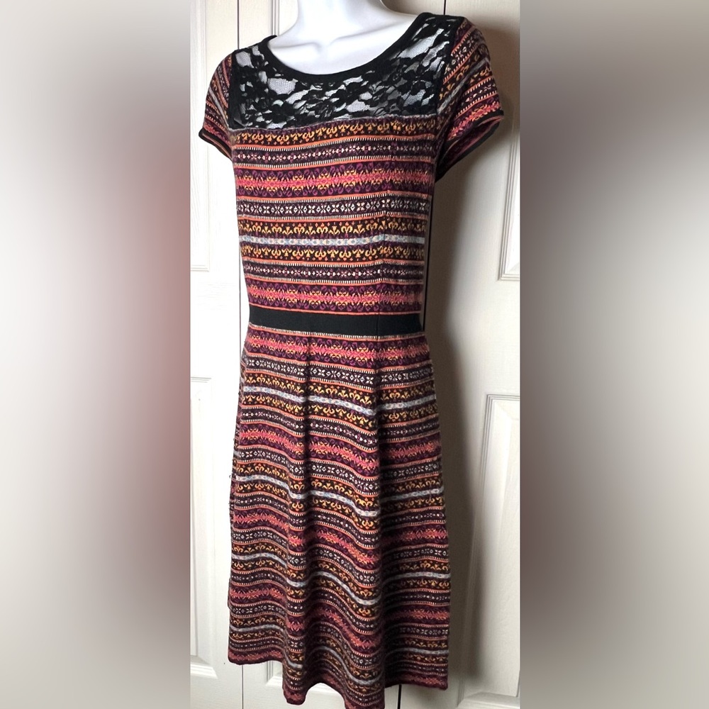SPARROW Anthropologie Sweater Dress Boho Lace Cap Sleeve Orange Black Large - Picture 6 of 11